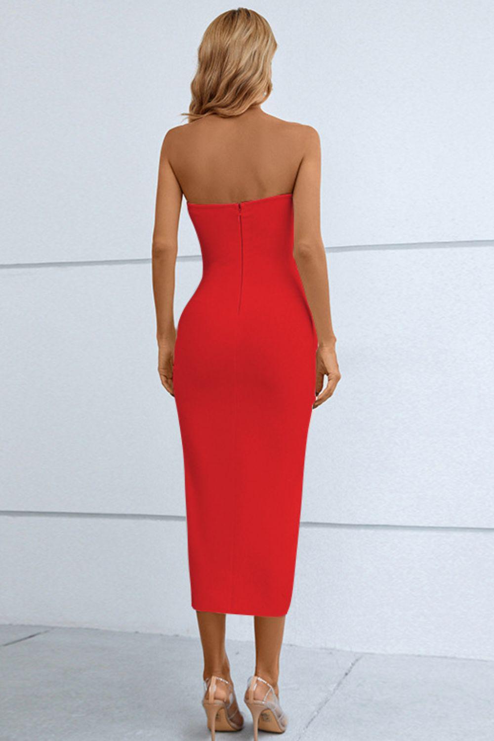 Cutout Strapless Drawstring Detail Split Bandage Midi Dress