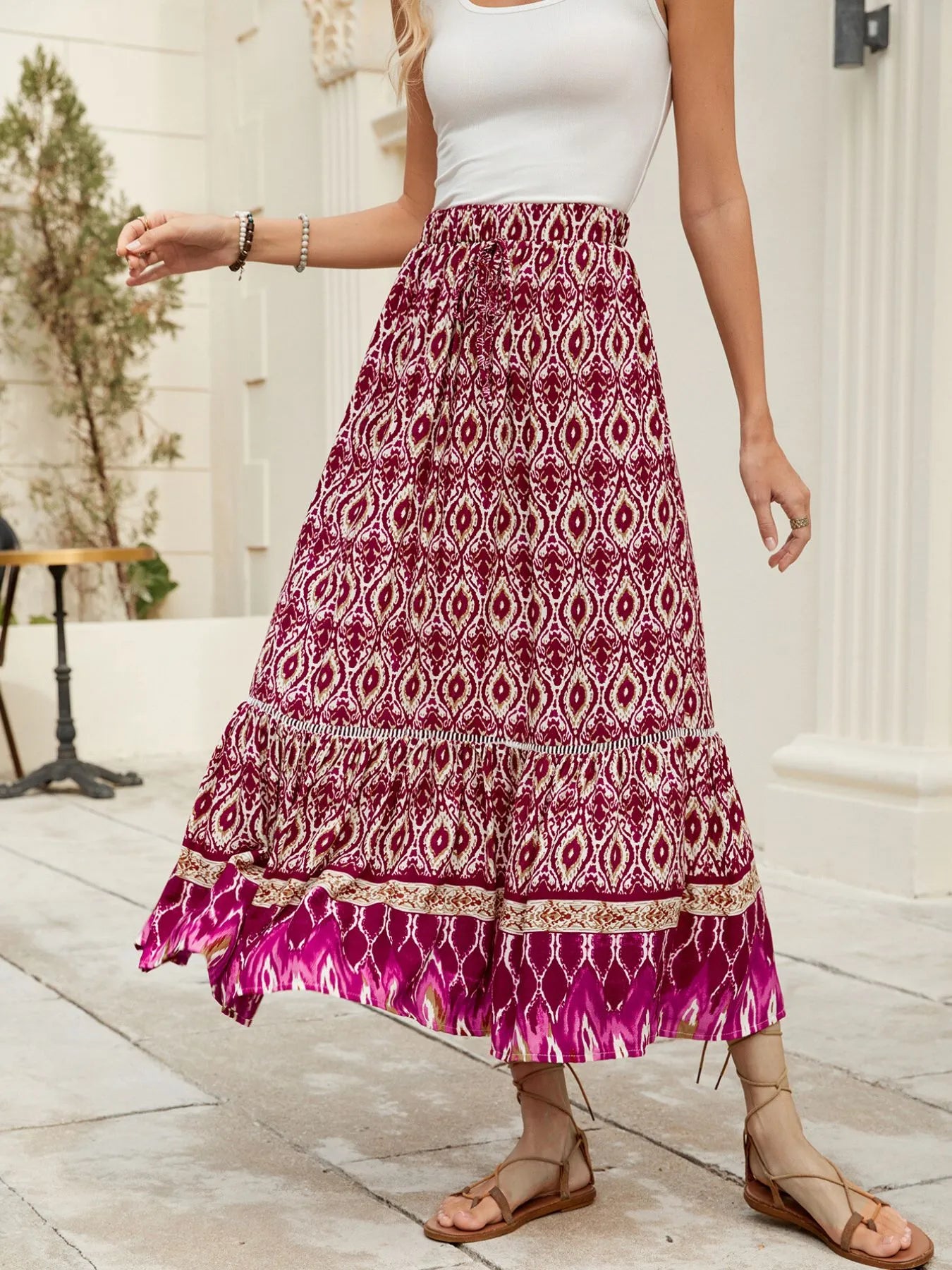 Bohemian Printed Ruched Maxi Skirt