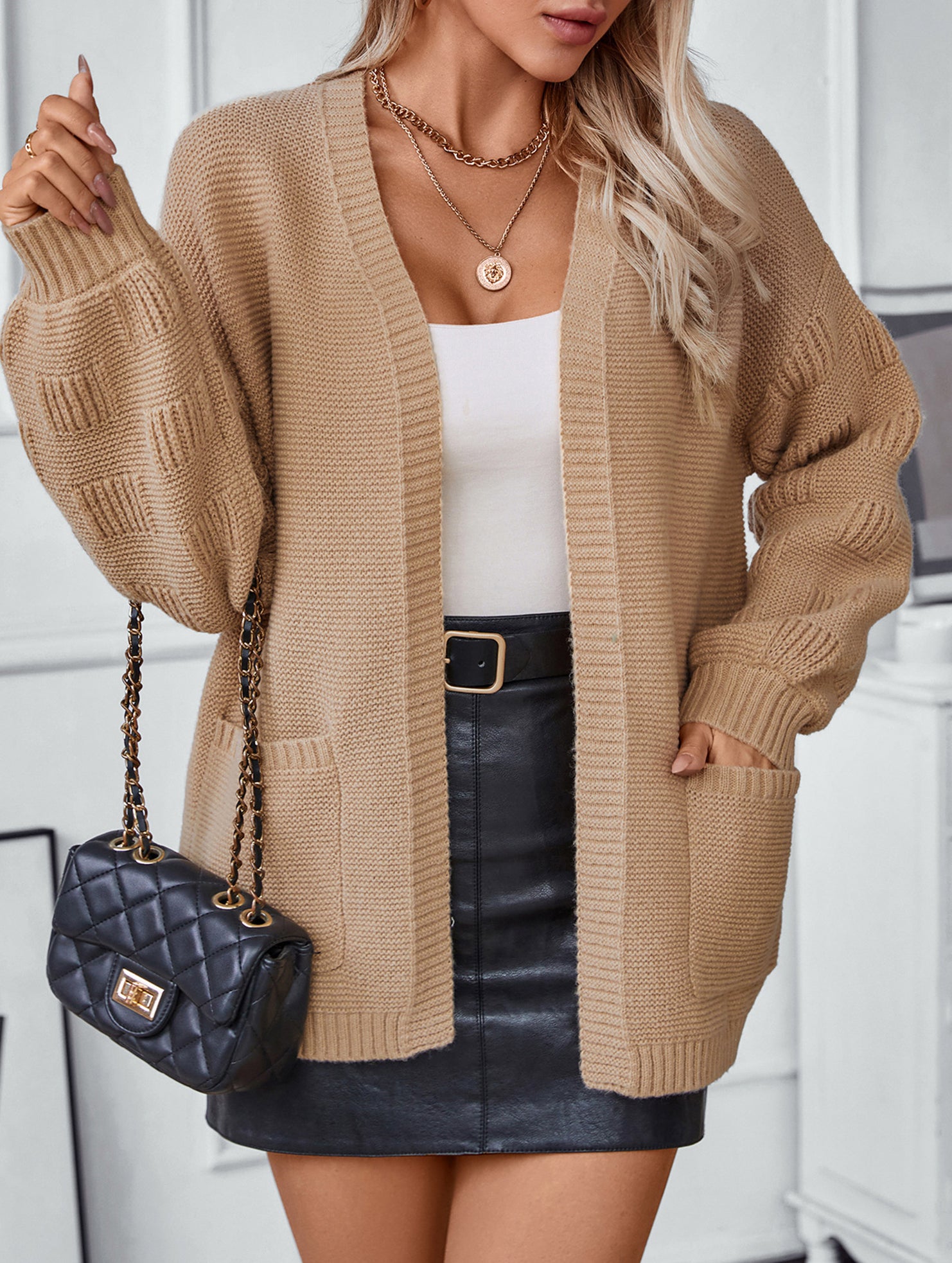 Pocket Open Front Loose Knit Cardigan