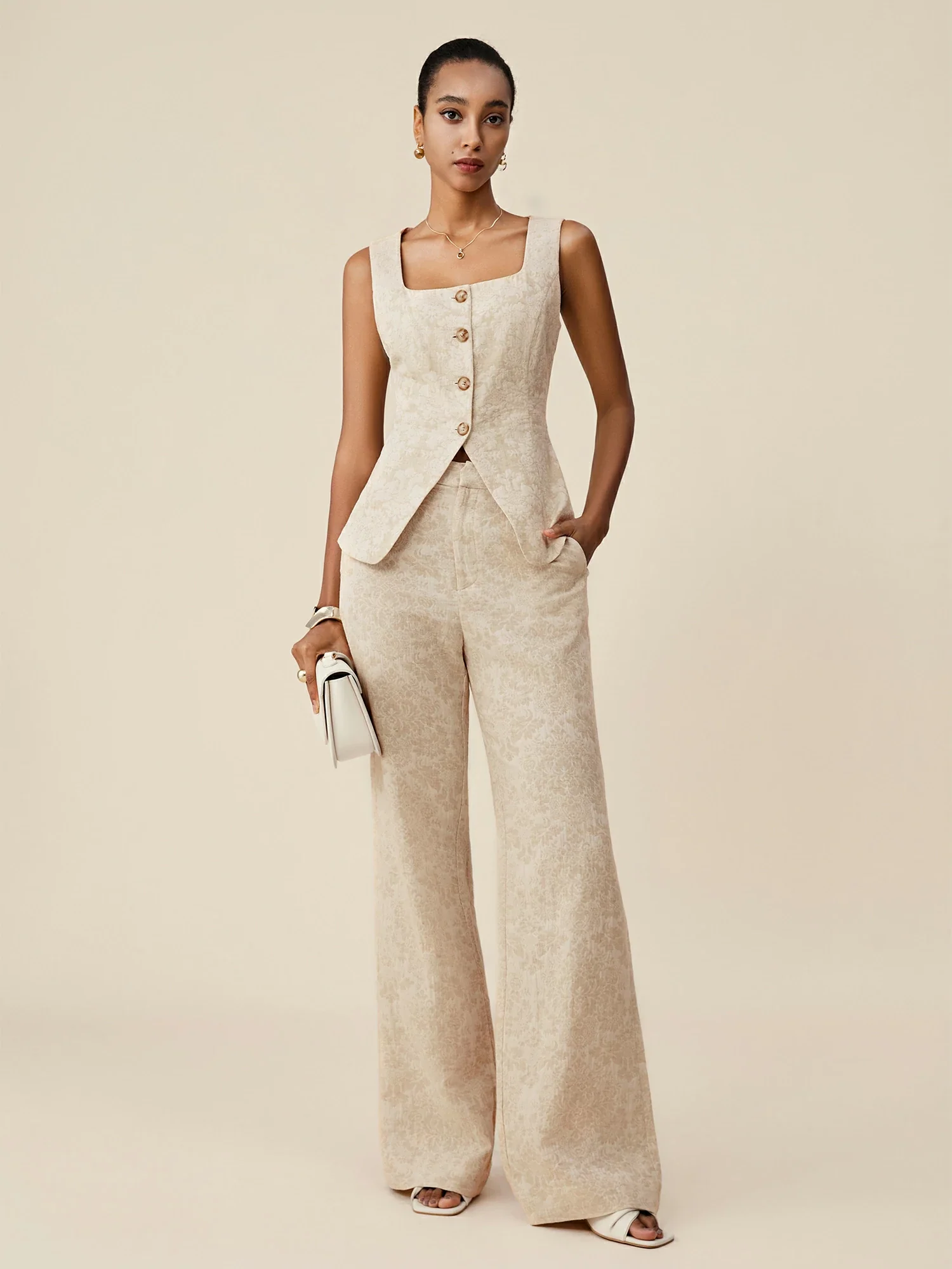 Cotton & Linen Square Collar Jacquard Vest