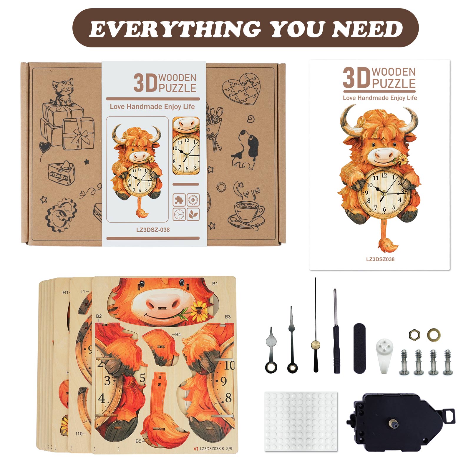 Highland Cattle â€“ DIY Wooden Clock, 3D Puzzle Craft Kit