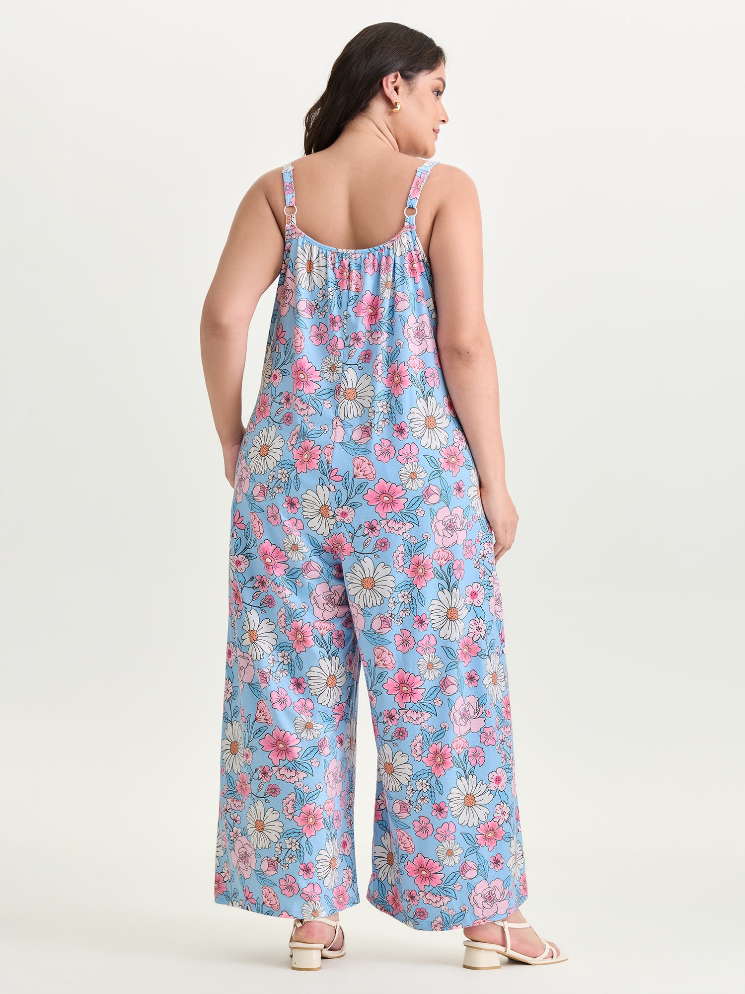 Stretchy Floral Print Wide Straps Jumpsuit