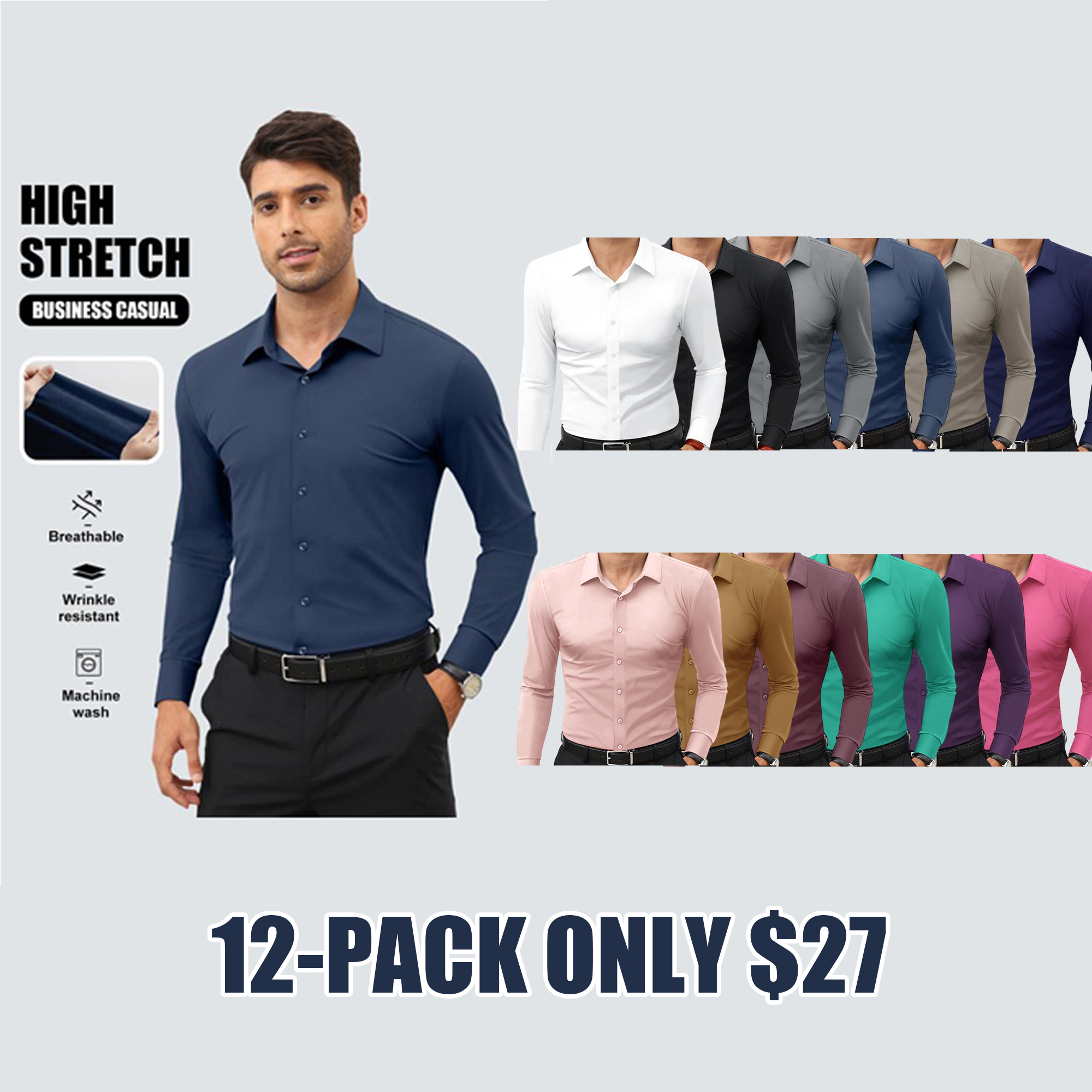 🔥Men’s Stretch Slim-Fit Long Sleeve Dress Shirt