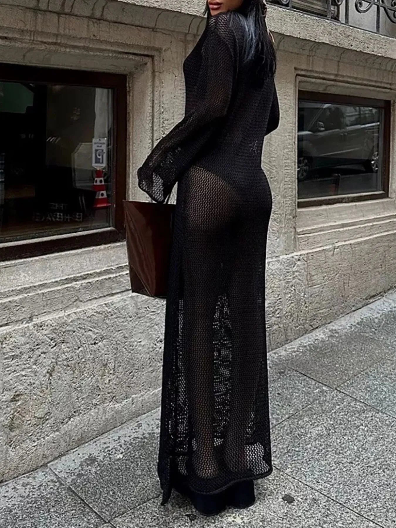 Cutout Long Sleeve Knit Cover-Up Maxi Dress