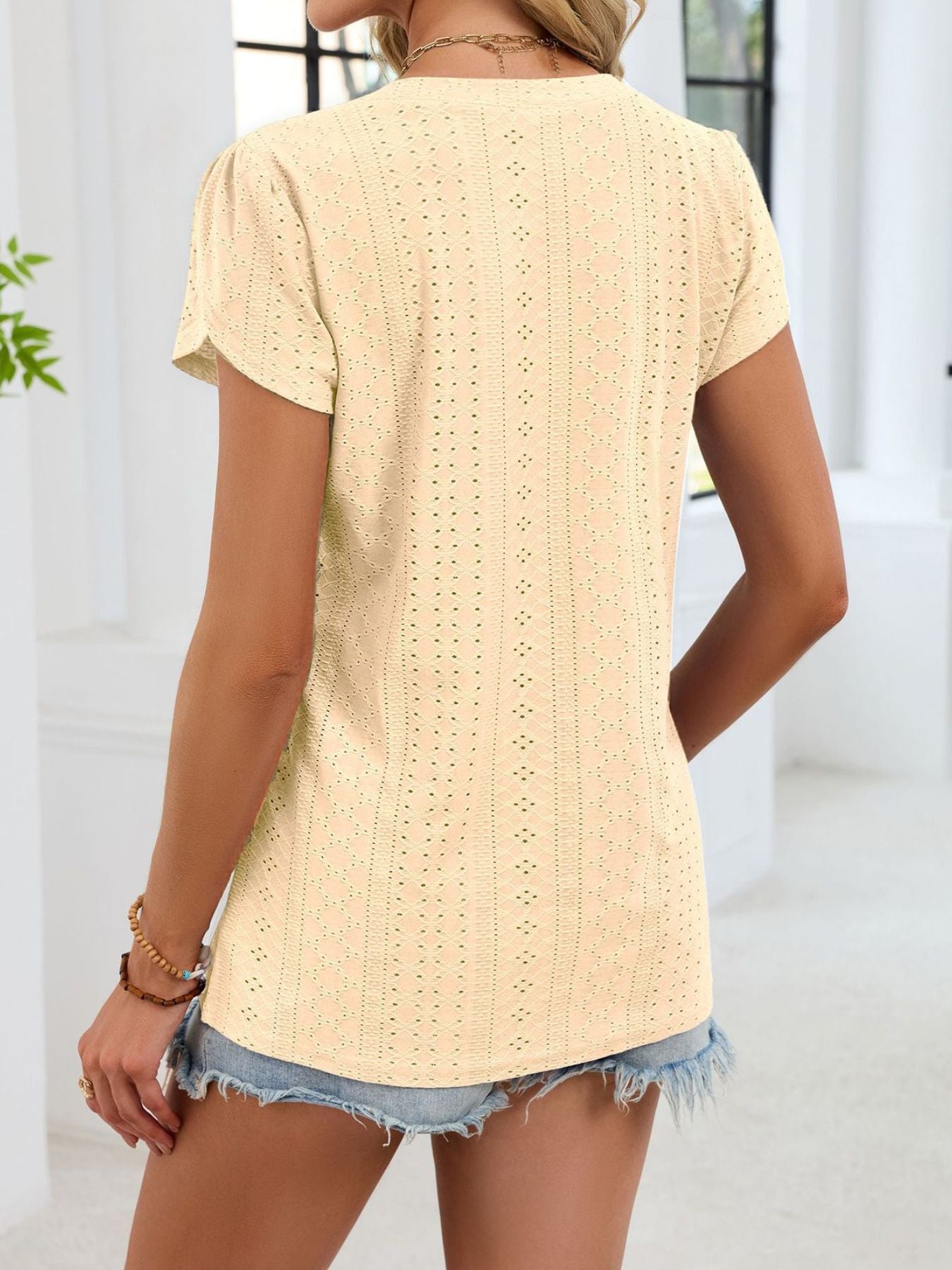 Eyelet Petal Sleeve V-Neck T-Shirt