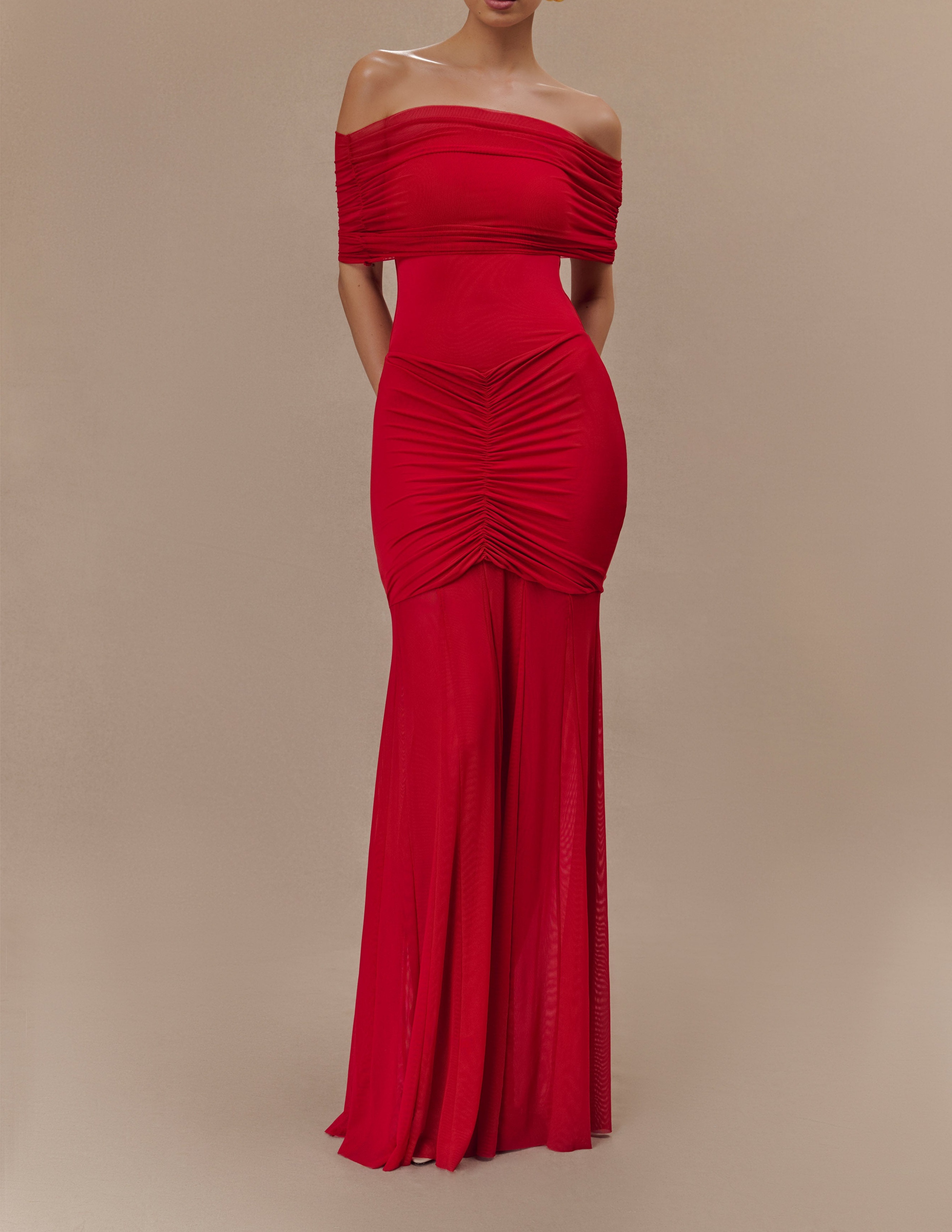 Ruby Slinky And Mesh Off Shoulder Maxi Dress