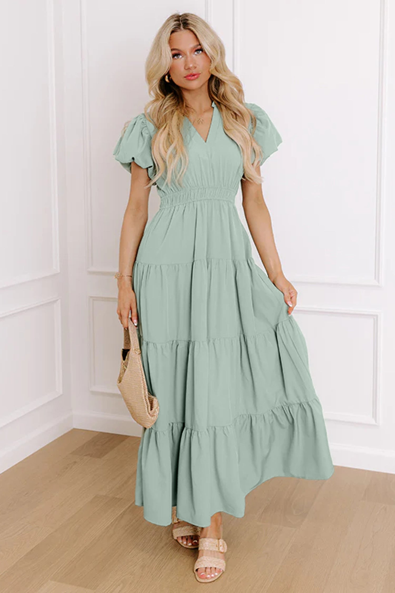 Coral Solid Color V Neck Short Puff Sleeve High Waist Tiered Maxi Dress