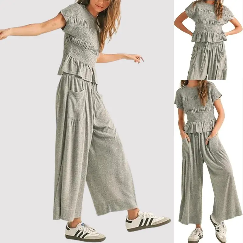 ✨Women’s 2-Piece Smocked Top & Wide-Leg Pants Casual Boho Matching Set🔥