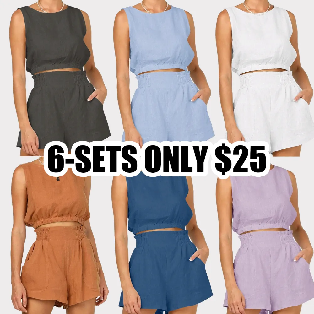 FISOEW Women's 2-Piece Summer Set – Sleeveless Crop Top & High-Waist Pocket Shorts, Casual Breathable Lounge Outfit