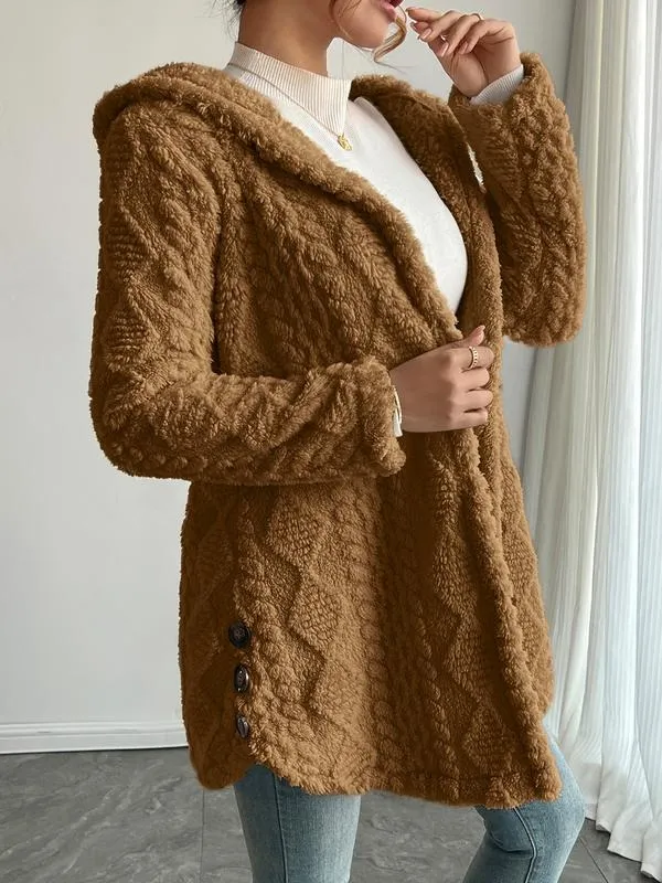 Women's Fall Winter Warm Fashion Jacquard Hooded Cardigan Long Sleeve Coat