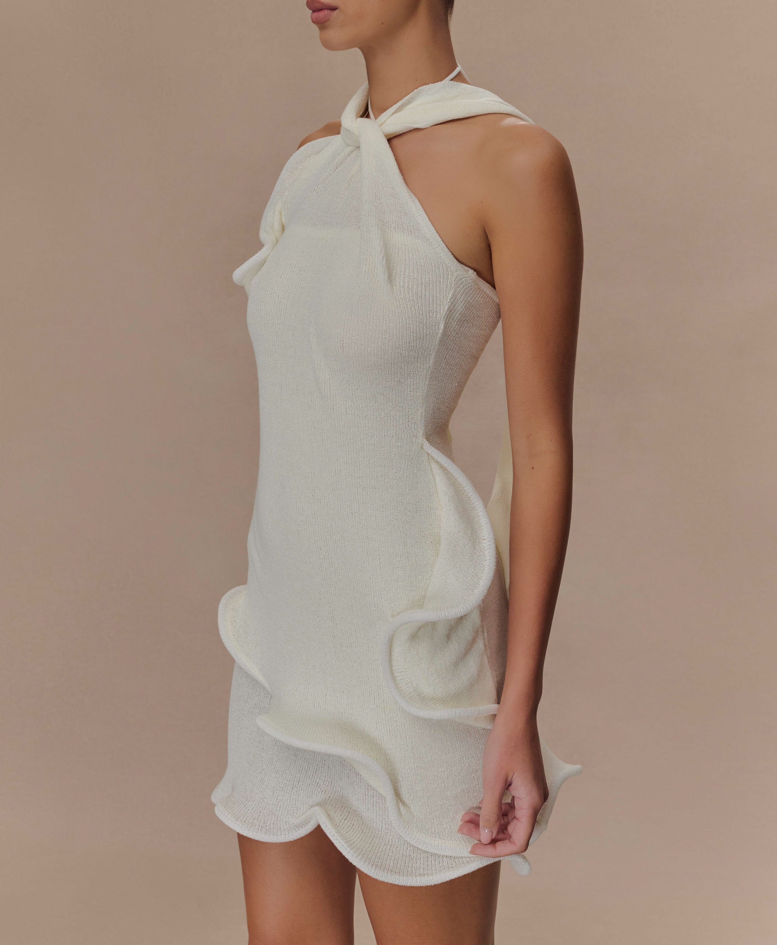 White Halter Knit Mini Dress