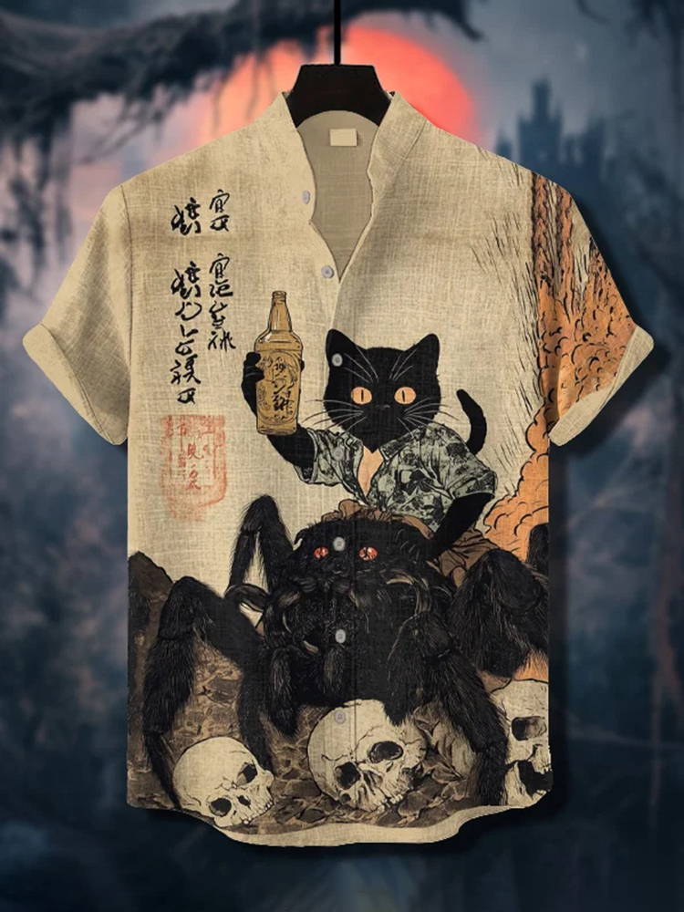 Men's Retro Japanese Calligraphy Art Black Cat And Spider Print Short Sleeve Shirt