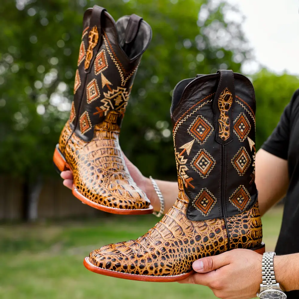 Honey Caiman Neck Leather Boots - Square Toe