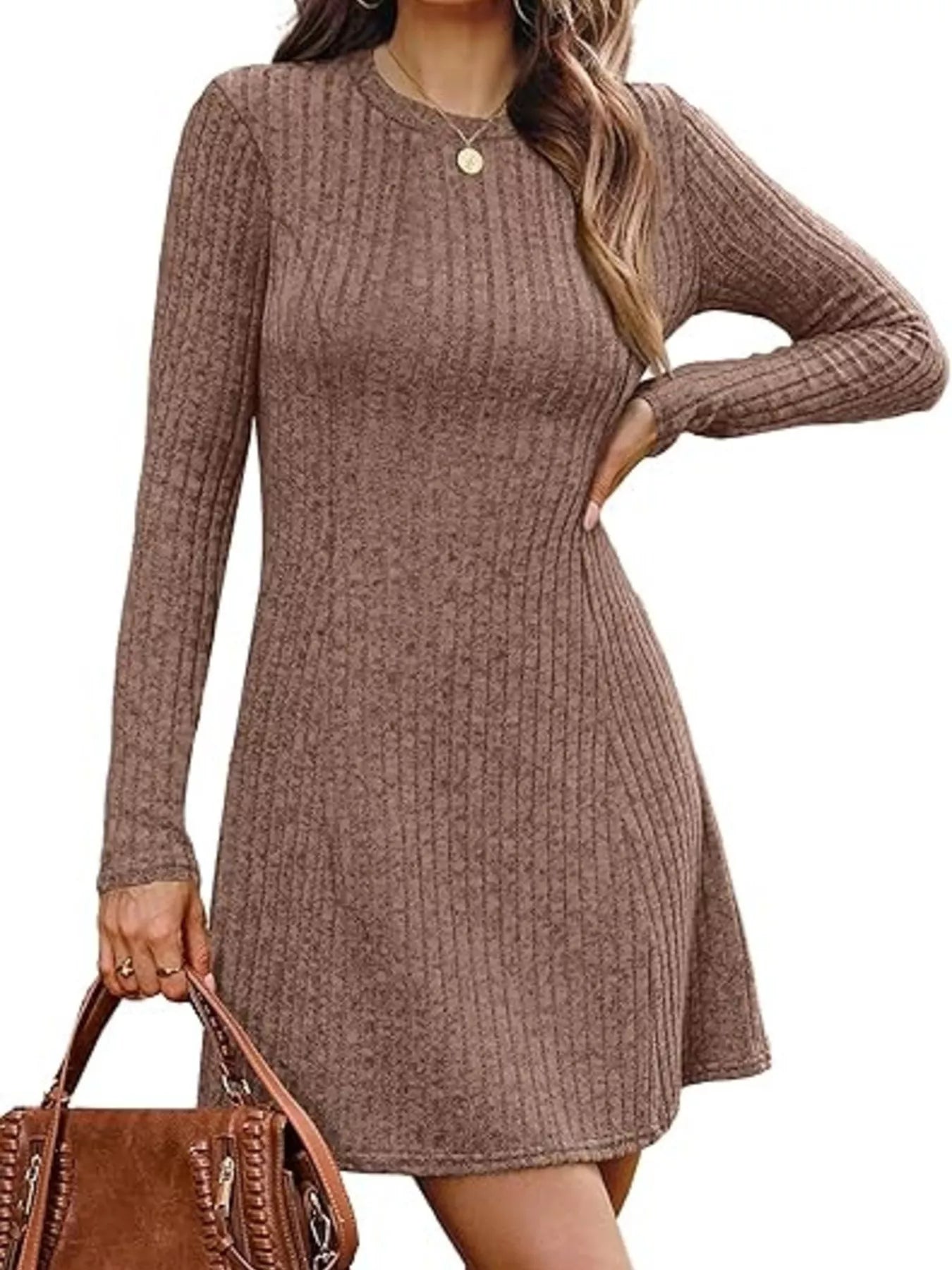 Ribbed Knit Long Sleeve A-Line Dress