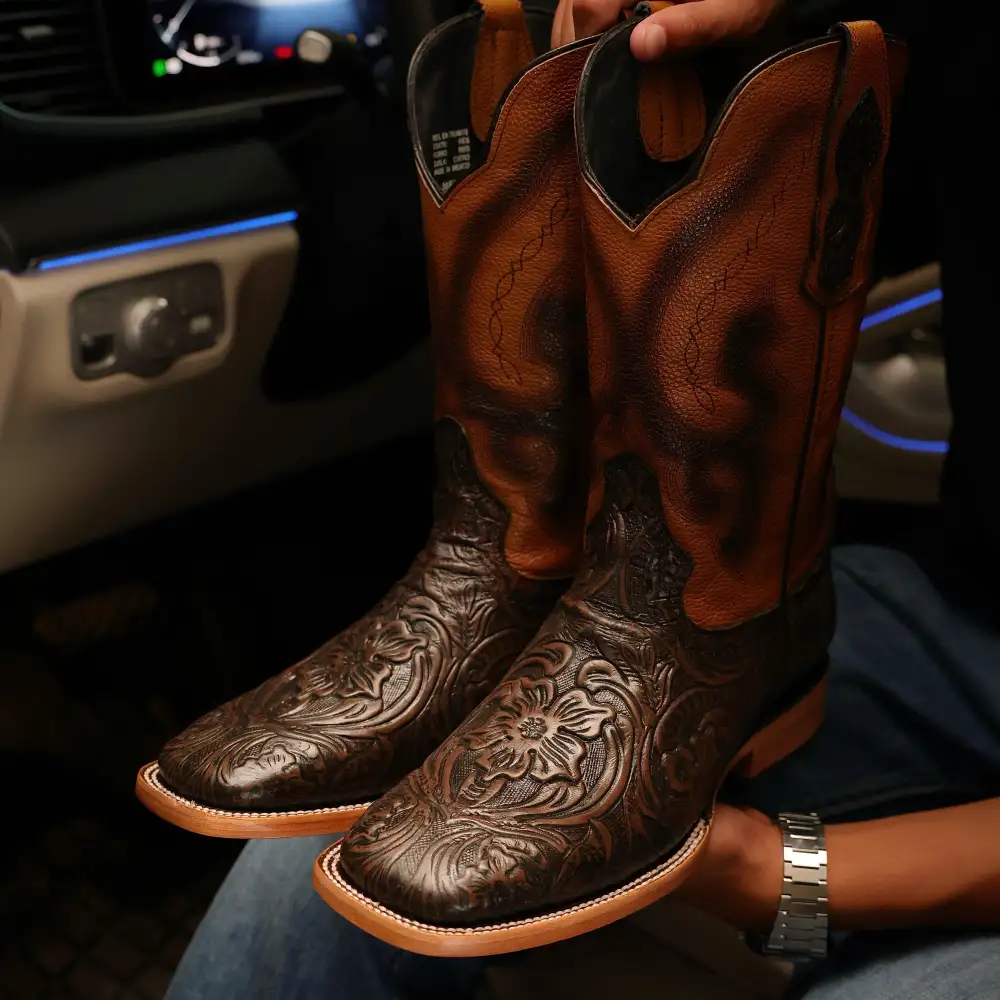 Chocolate Brown Hand-Tooled Leather Boots — Square Toe
