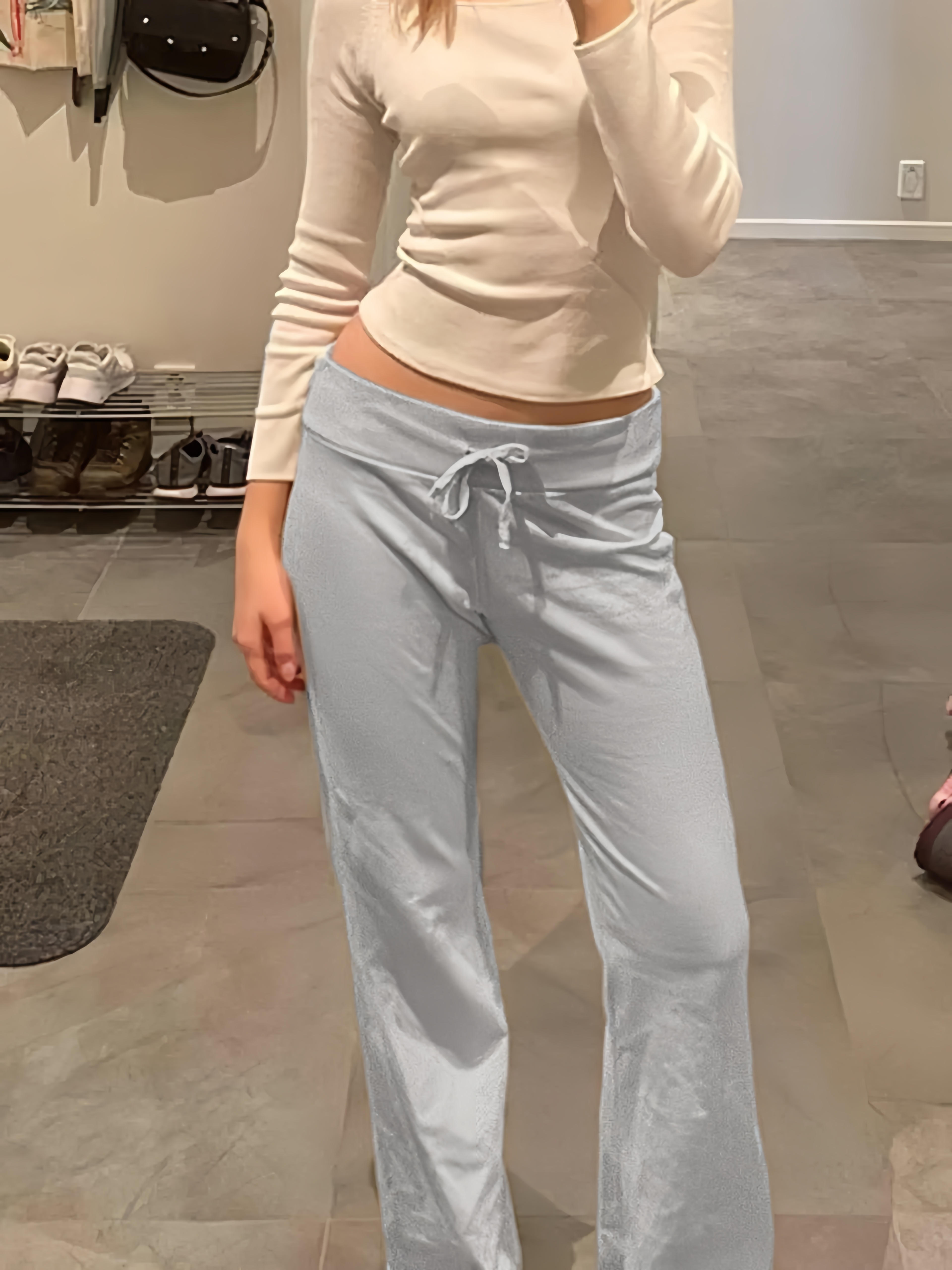 Women's Solid Adjustable Drawstring Foldover Waist Straight Leg Fitted Pants