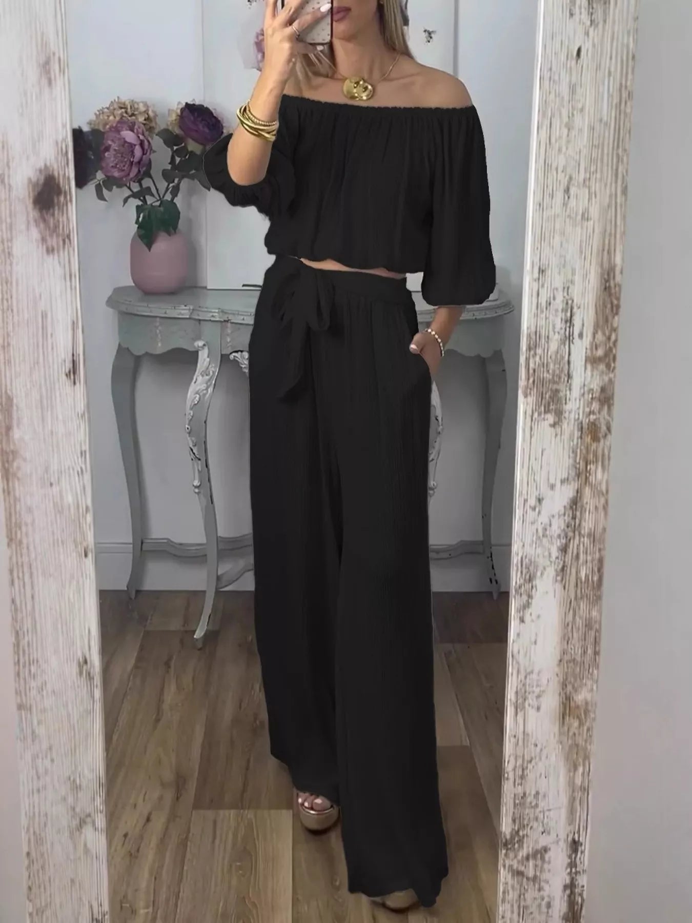 Full Size Off-Shoulder Top and Pants Set Plus Size