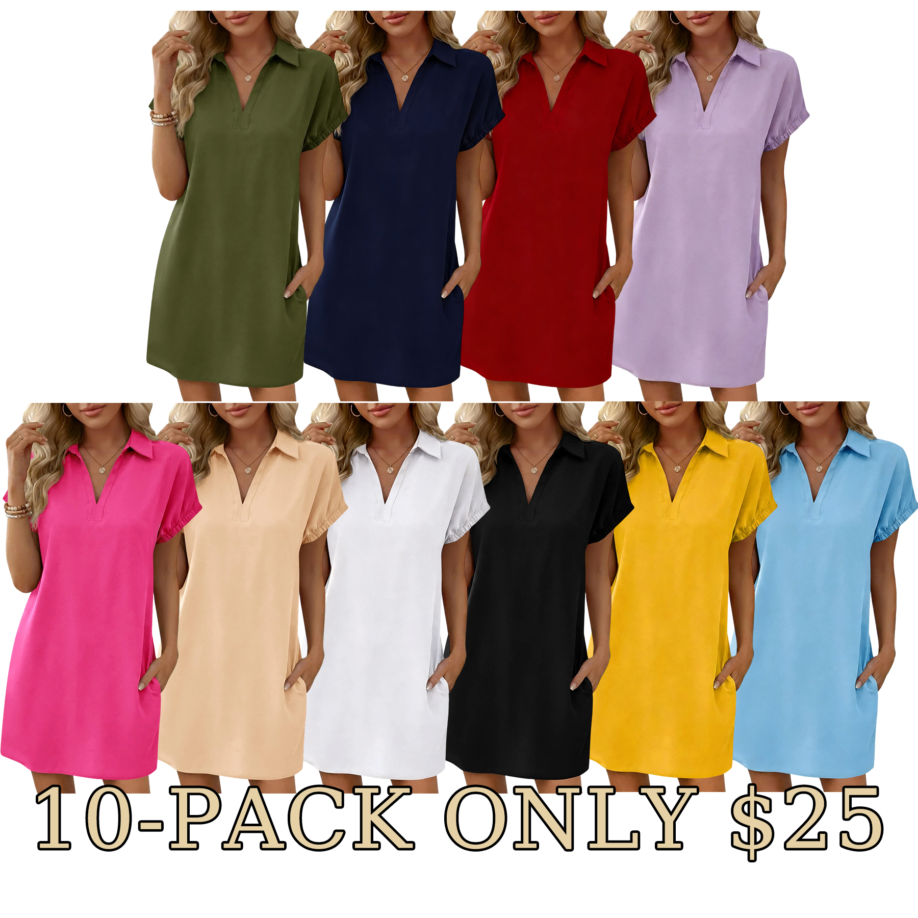Women’s V-Neck Pleated Shirt Dress – Casual Summer Essential
