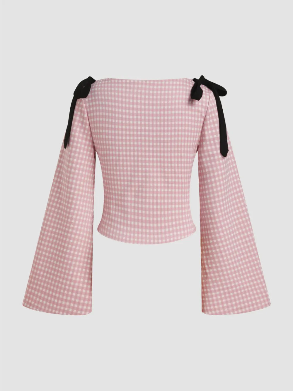 Boat Neck Gingham Bowknot Ruched Long Sleeve Top