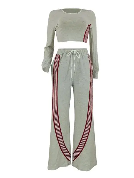 Women Casual Long Sleeve Top and Side Stripe Sports Pants Set