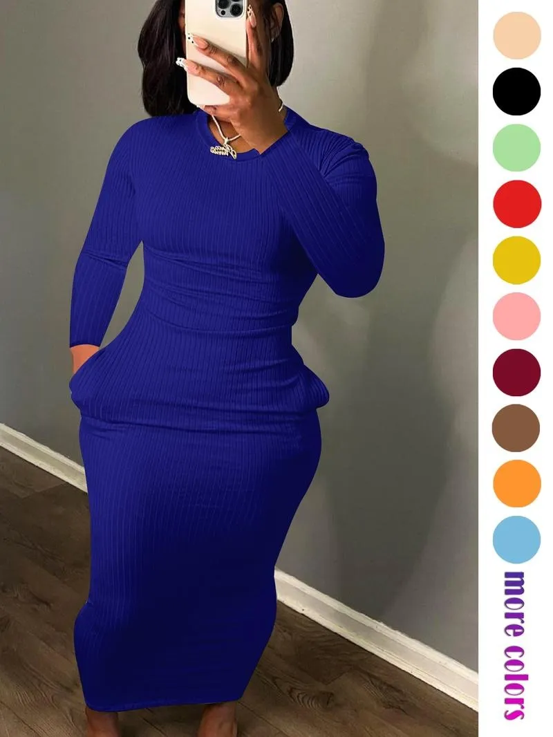 Women's Long Sleeve Pocket Dress, Breathable Elastic Multi-Color Party Casual Travel Pure Color Maxi Dress