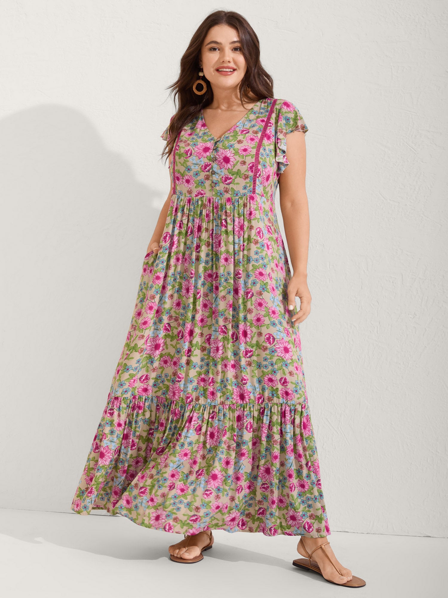 Sweet Floral Lace Trim Tiered Maxi Dress