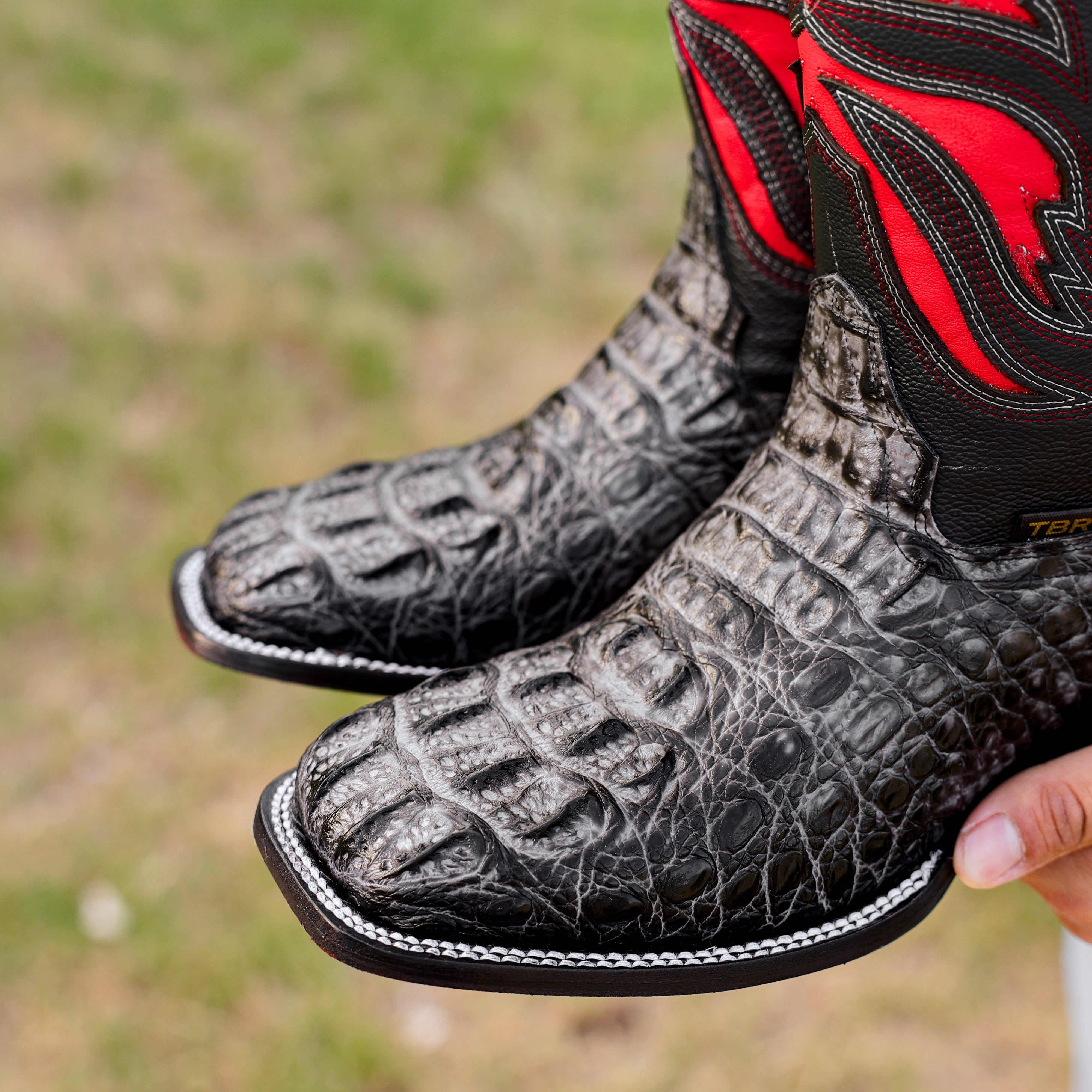 Midnight Grey Caiman Neck Leather Boots - Square Toe