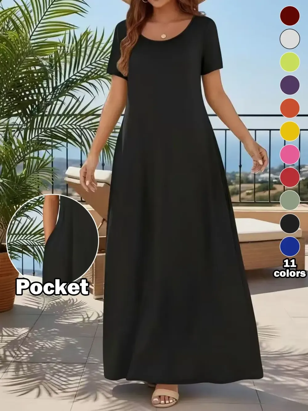 Women's Casual Commuter Plain Minimalist Short Sleeve Dress with Pockets, Loose Fit Summer & Fall, Essential Beachwear
