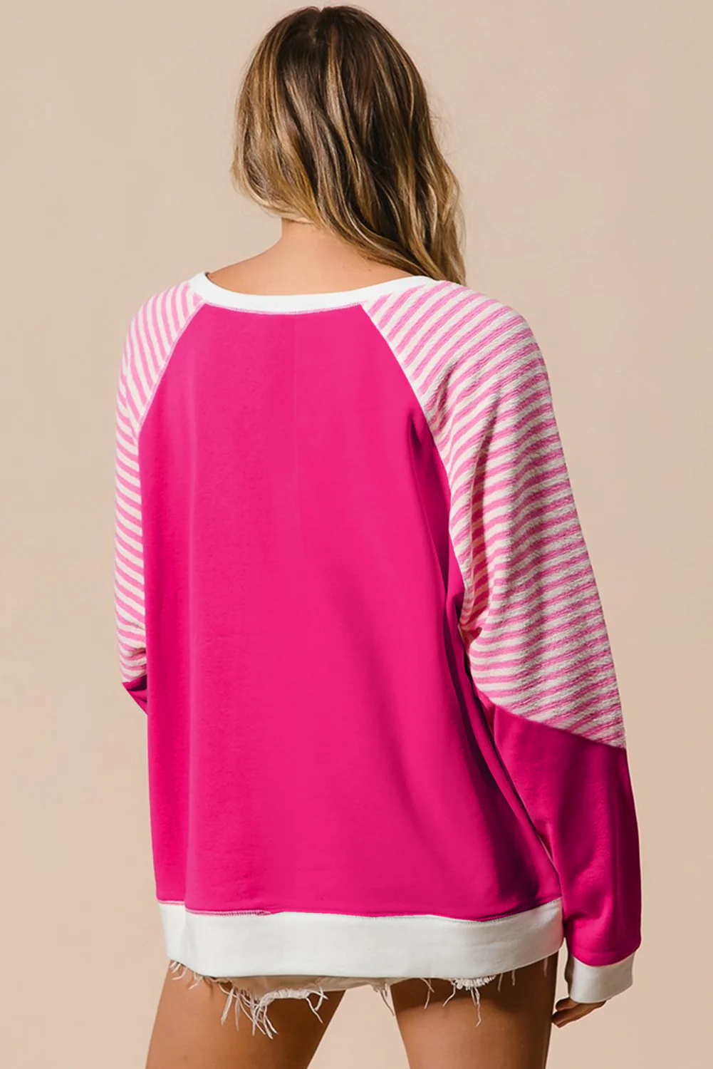 Strawberry Striped Patchwork Crew Neck Raglan Sleeve Top