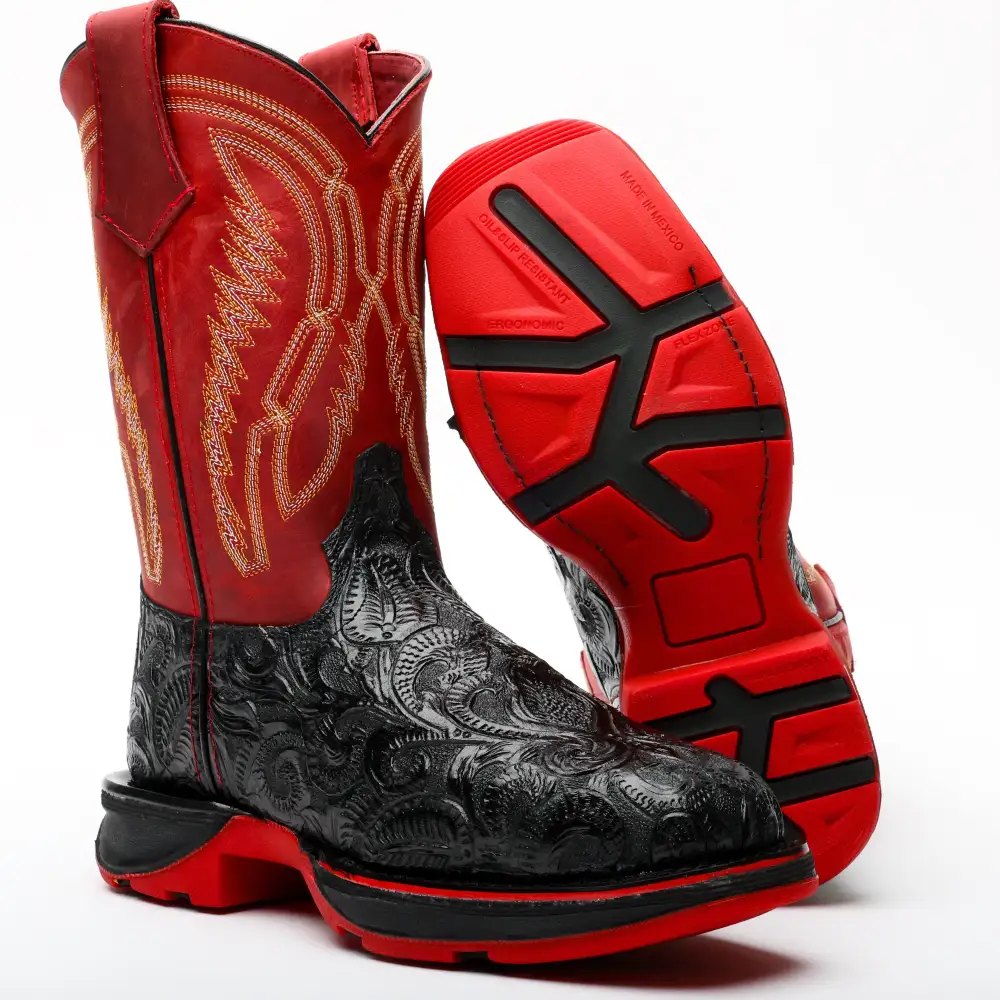 TBR Black Hand-Tooled Leather Boots With 3D Lightweight Sole - Composite Toe