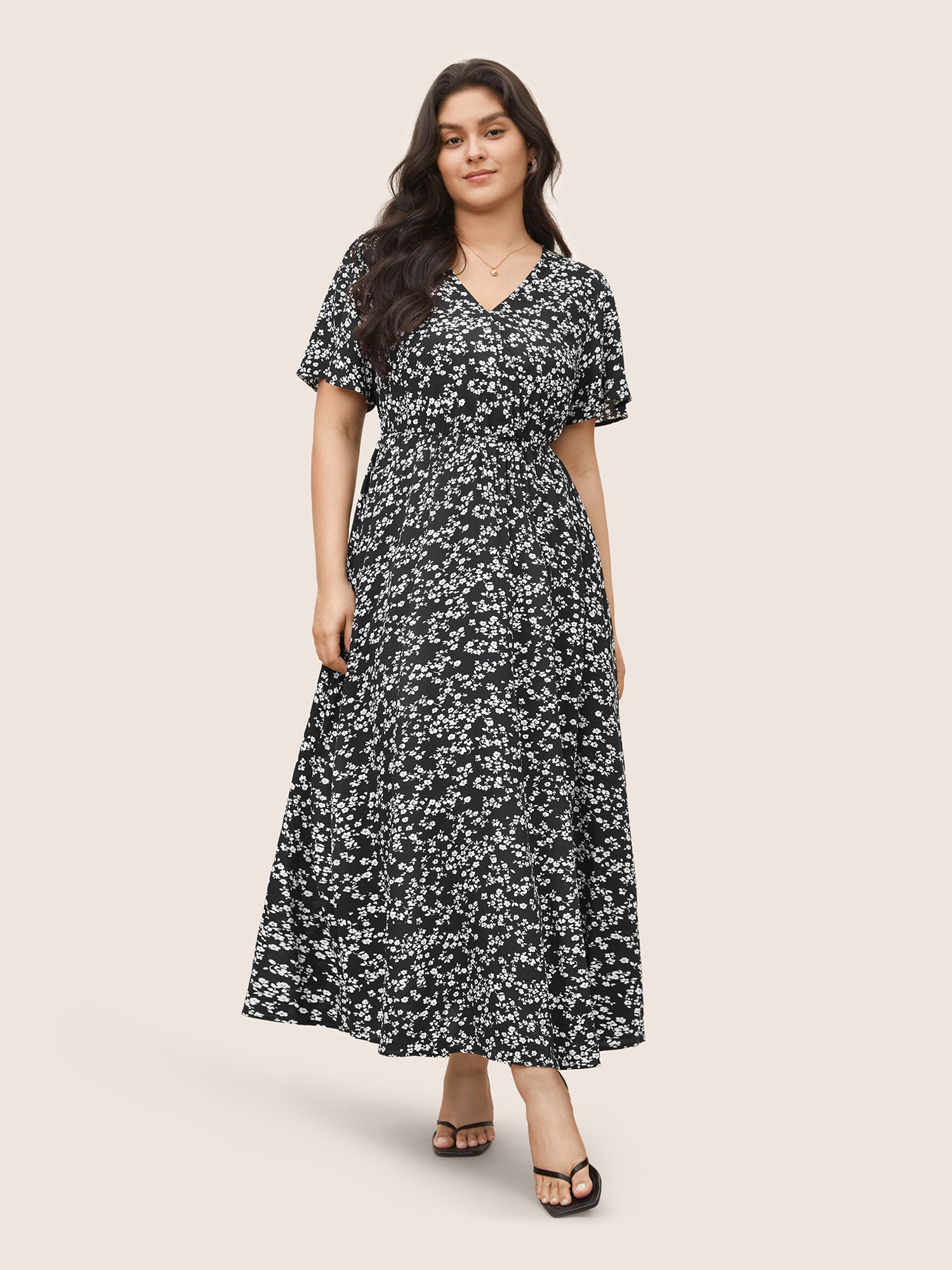 Bloom Dress - Flutter Sleeve Ditsy Floral Pocket Split Maxi Dress