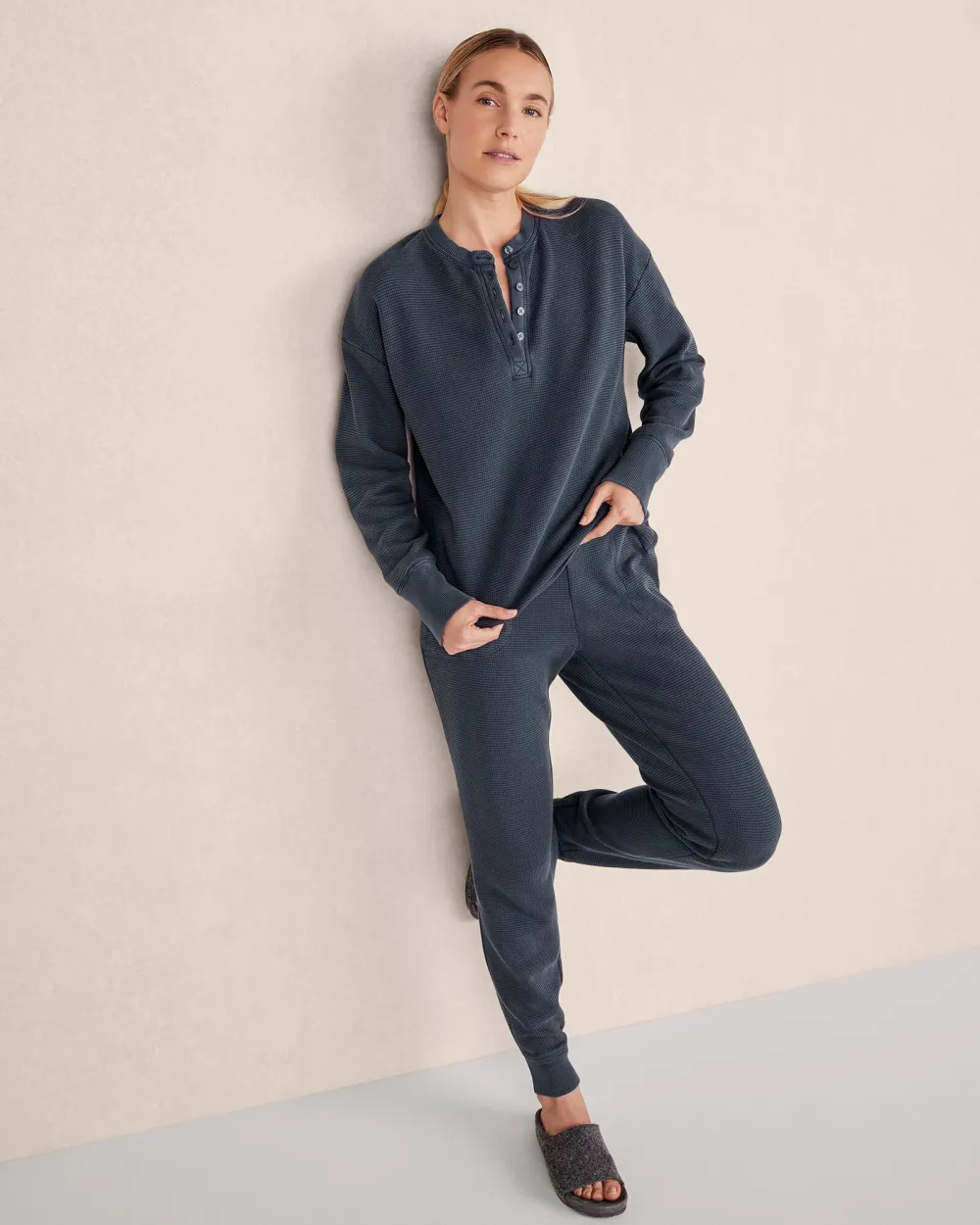 Organic Cotton Garment-Dyed Waffle Knit Henley