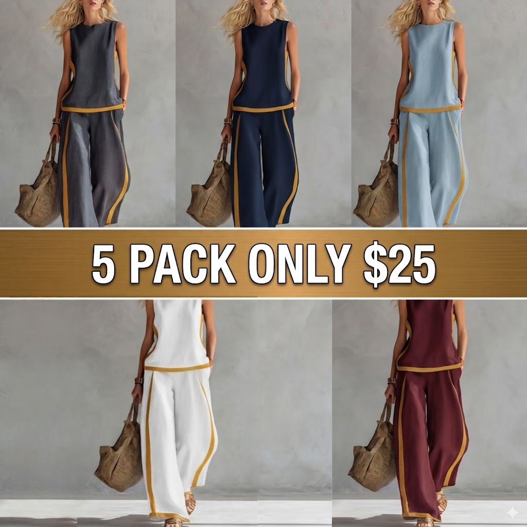 2026 Linen Blend Two Piece Set for Women Sleeveless Color Block Top Wide Leg Pants Set Casual Summer Outfit