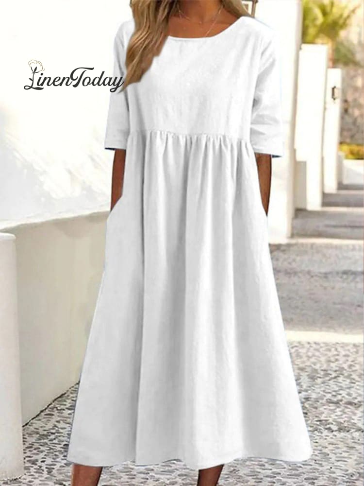Cotton And Linen Casual Short Sleeve Pocket Pleated Loose Round Neck Dress
