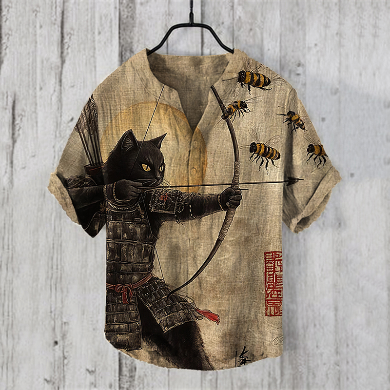 Men's Black Cat Tribal Warrior Japanese Kyudo V Neck Short Sleeve Shirt