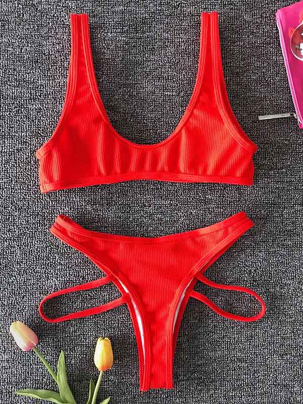 Solid Color U-Neck Bralette Hipster Hollow Bikini Swimwear