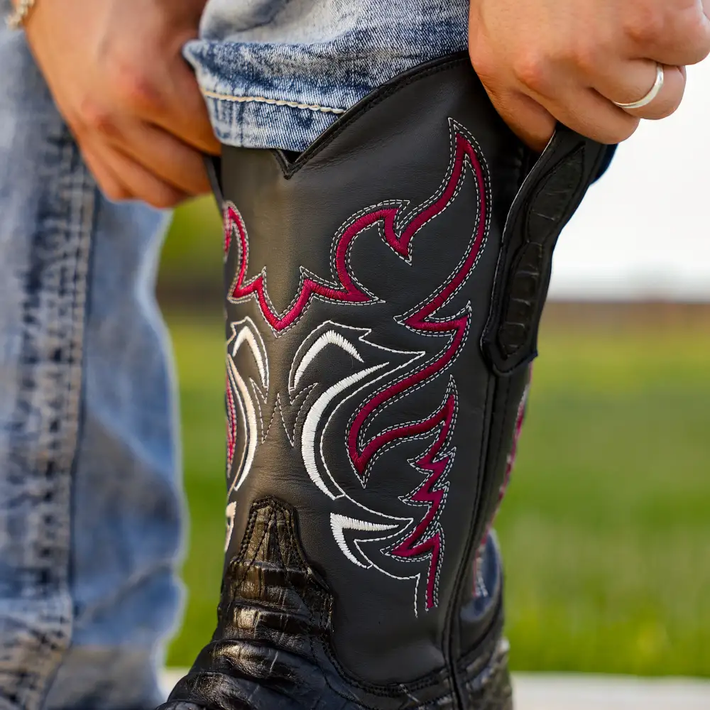 Black Caiman Belly Leather Boots - Round Toe