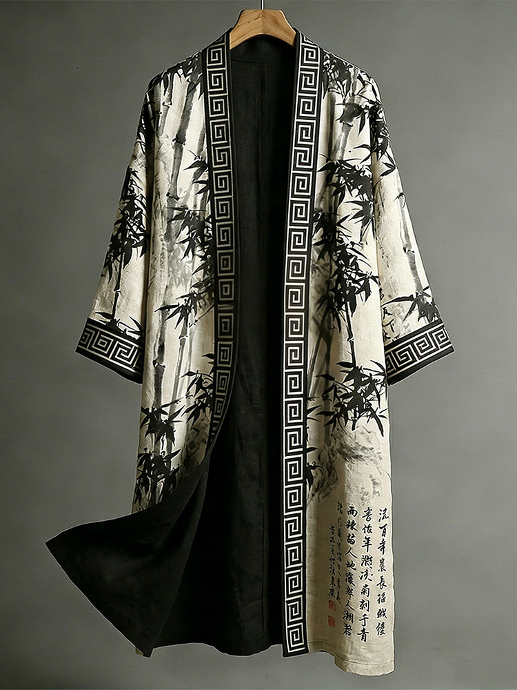 Japanese Style Retro Calligraphy Bamboo Art Pattern Casual Kimono