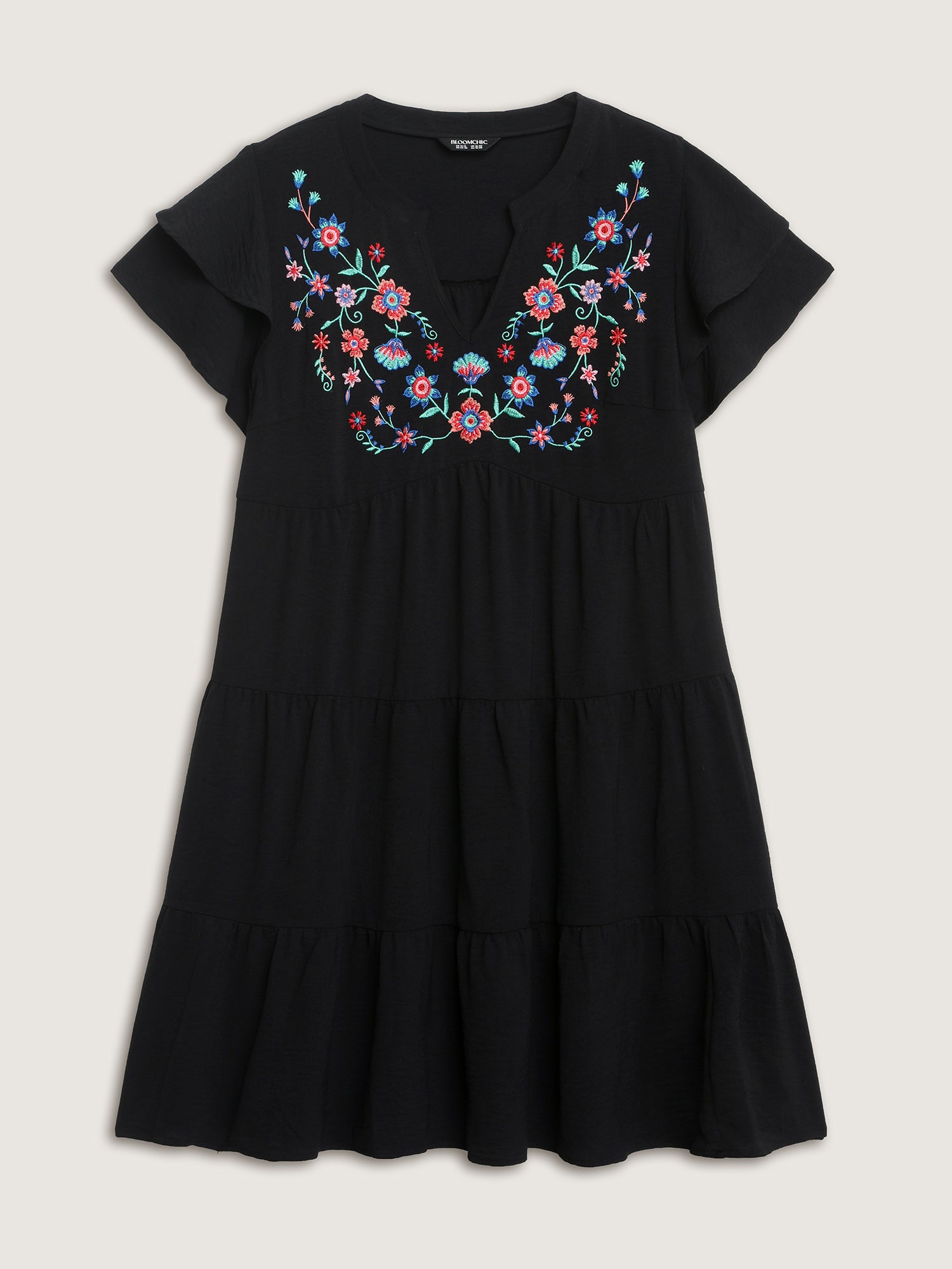 Embroidered Neckline A-Line Ruffled Knee-Length Dress