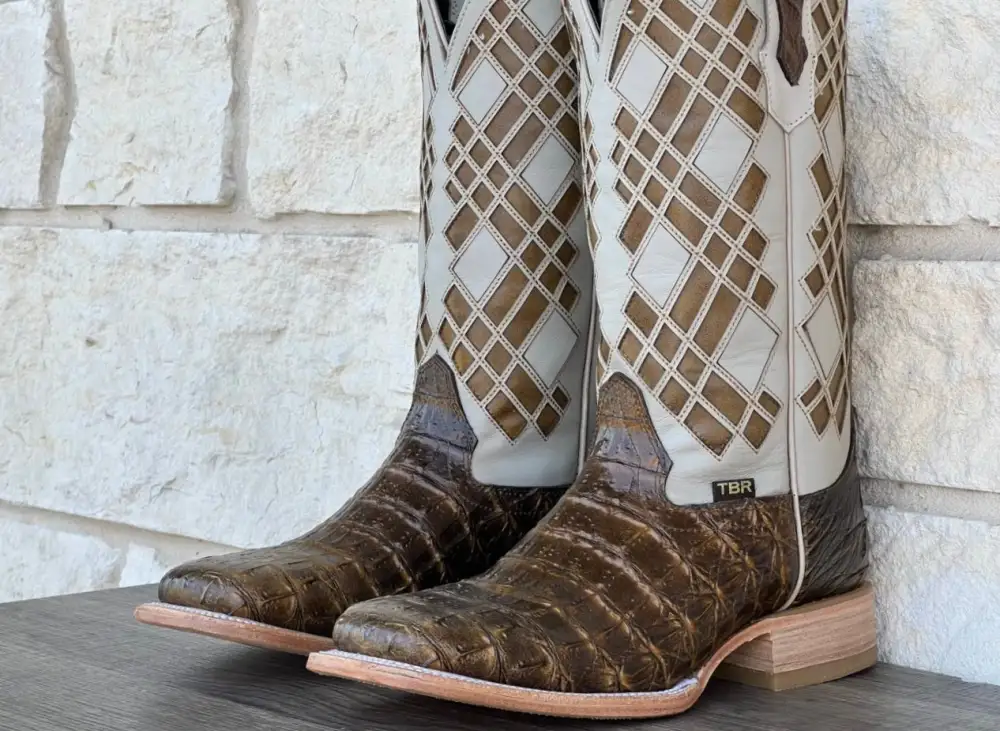 Men’s Honey Rustic Caiman Horn-Back Leather Boots.
