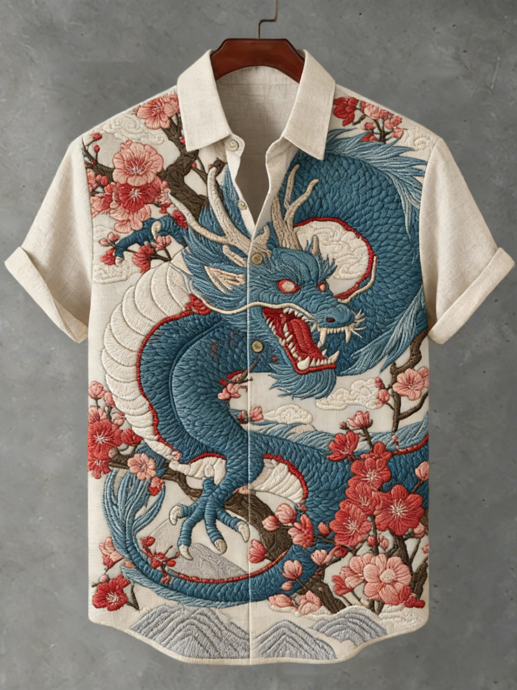 Men's Japanese-style Linen Short-sleeved Shirt With Dragon And Floral Patterns