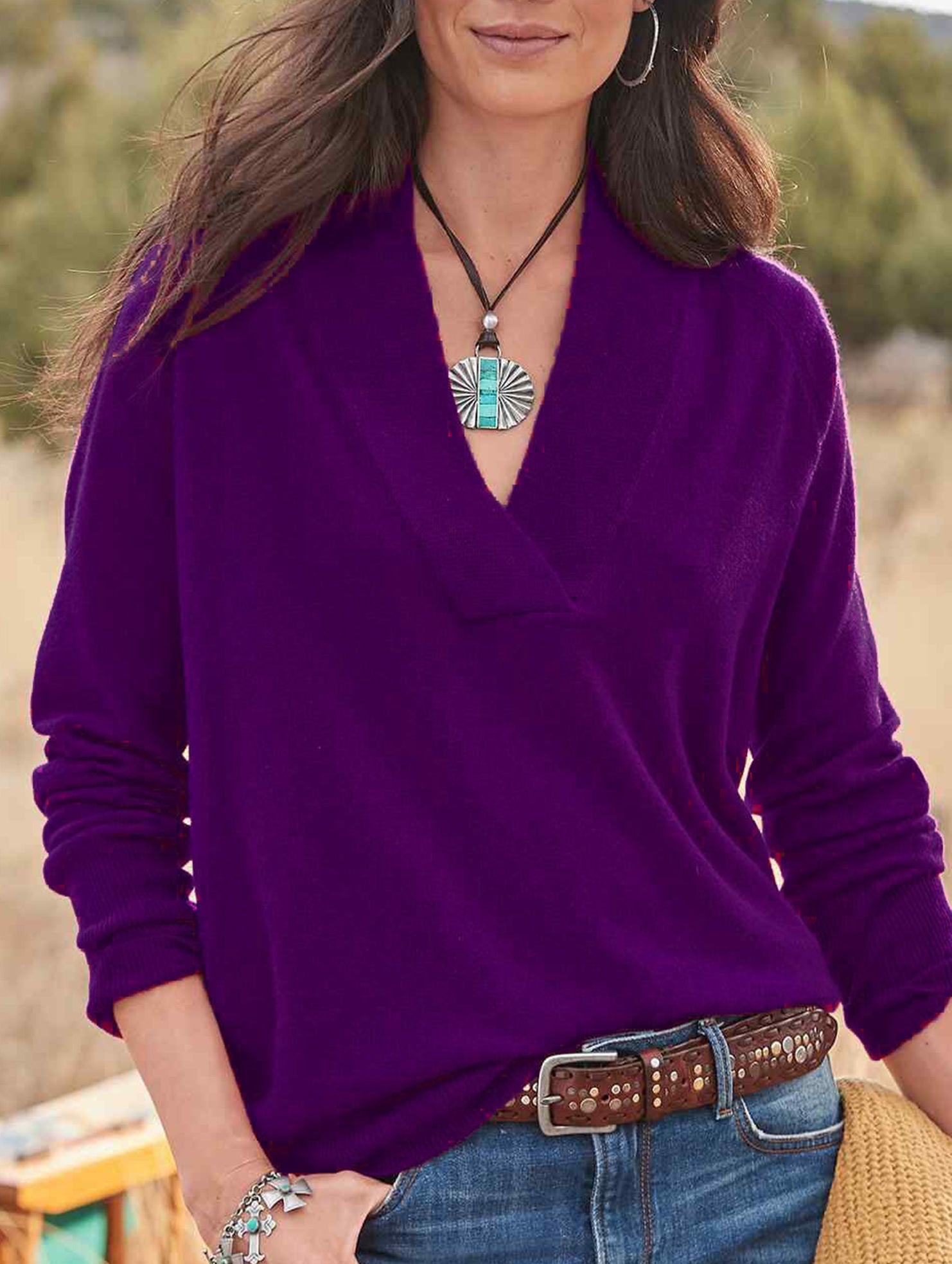 V-neck solid color loose long-sleeved top for women_CWOSWL09206