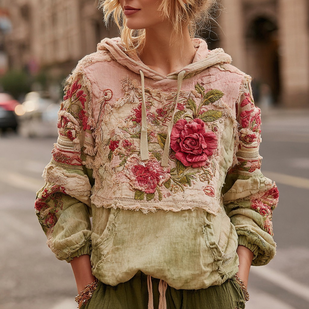 Women's Retro Floral Colorblock Casual Comfort Hooded Sweatshirt