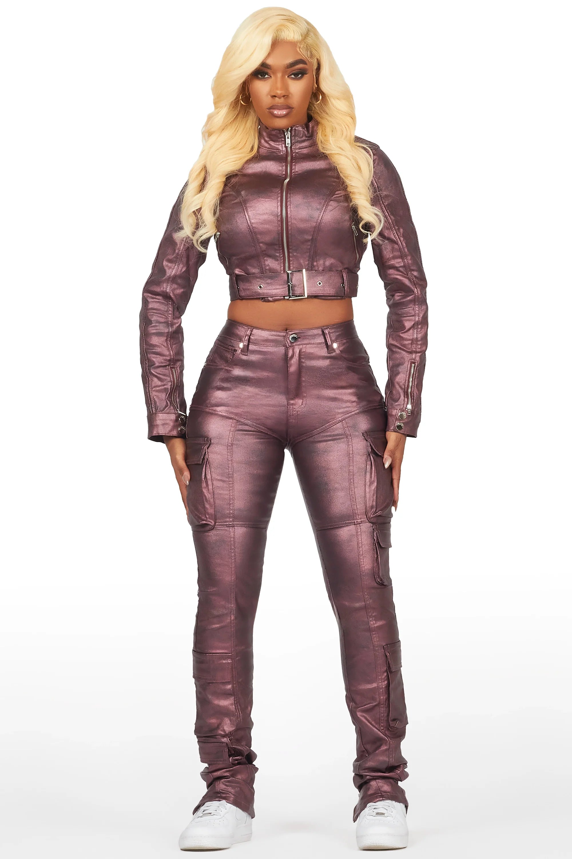 Teeoina Pink Coated Black Faux Leather Moto Jacket