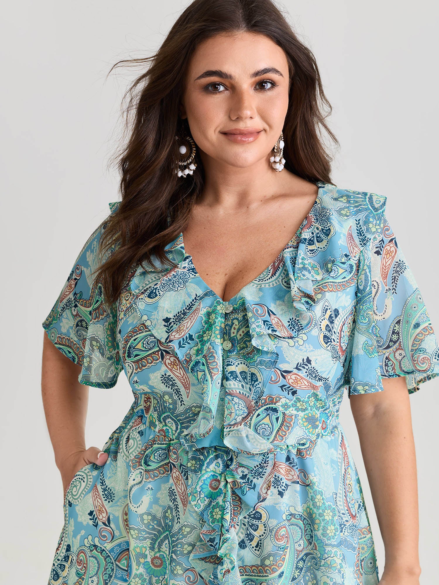 Delicate Paisley Print Ruffled Detail Maxi Dress