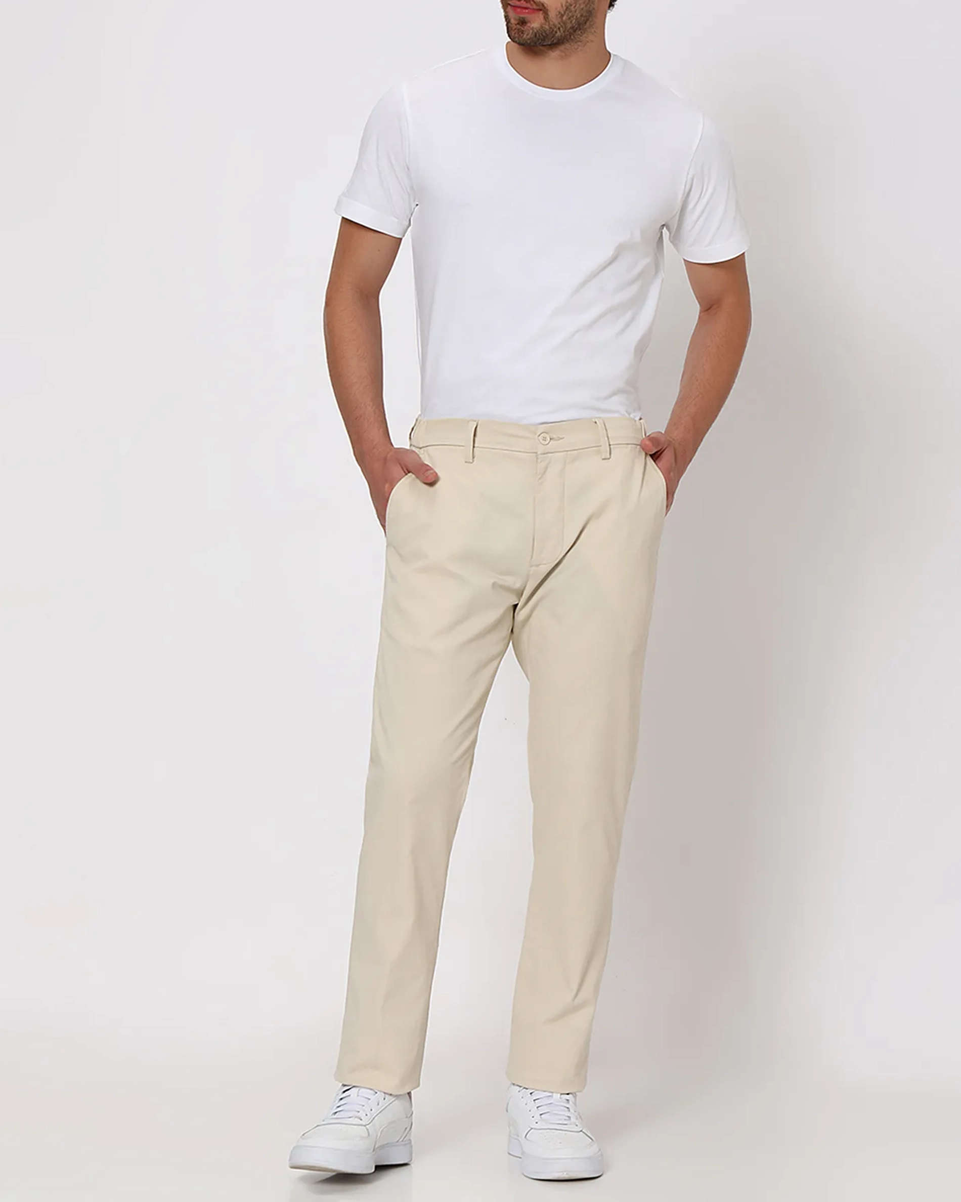 Classic Versatile Slim-Fit Straight-Leg Off White Trousers