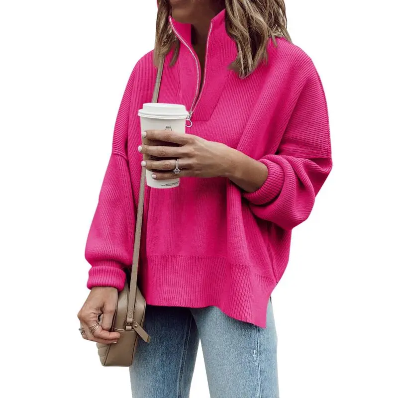 Women's Long Sleeve 14 Zip Oversized Ribbed Knit Tunic Sweater