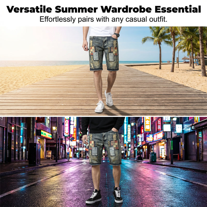 🔥 Men’s Ripped Denim Shorts – Patchwork Design for Street Style Edge 👖✨