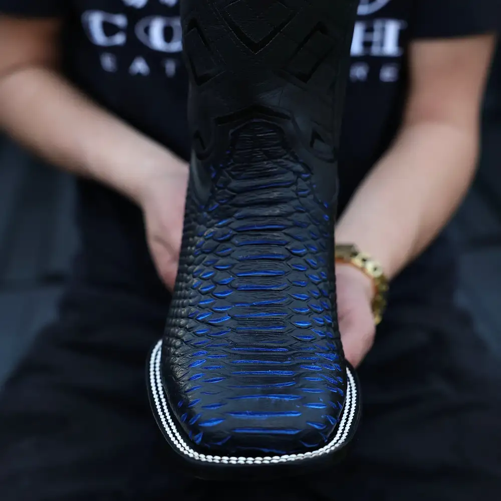 Royal Blue & Black Python Leather Boots - Square Toe