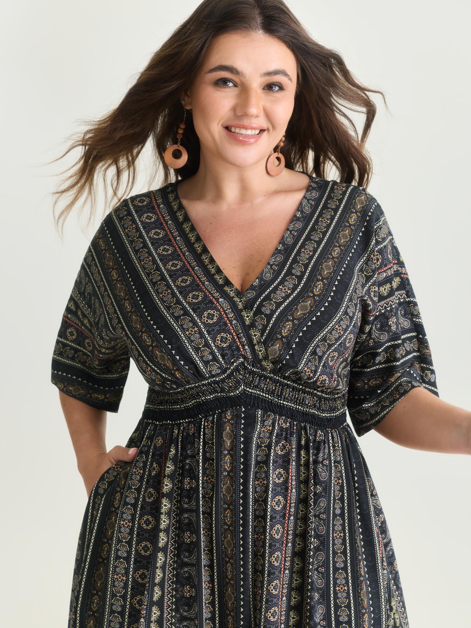 Striped Contrast Dolman Sleeve Shirred Pocket Split Flutter Dress